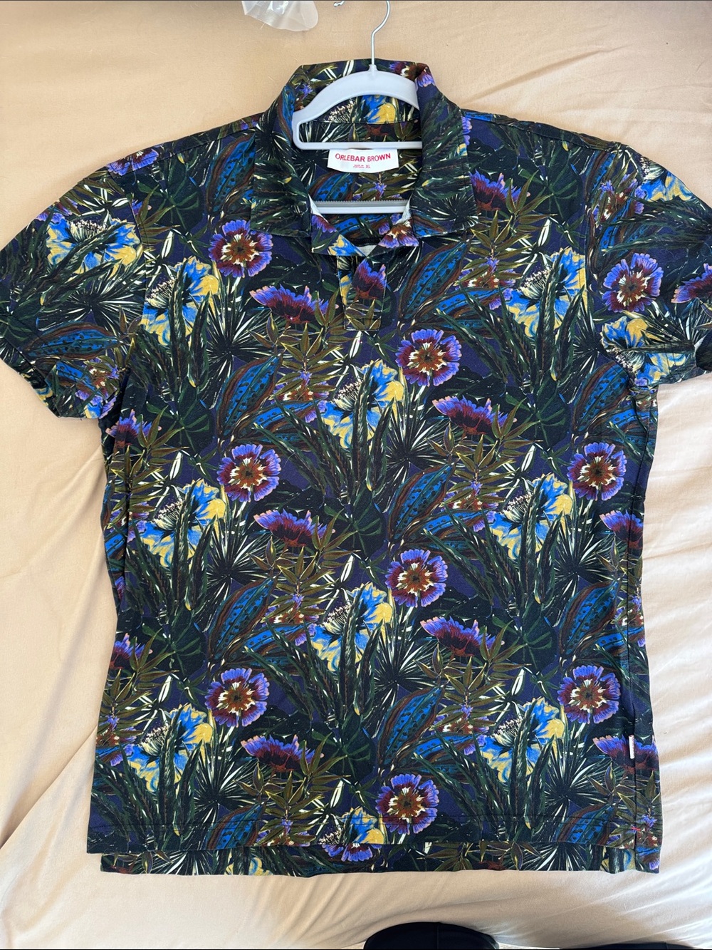 Orlebar Brown Navy Floral Print Polo with Green & Purple Accents